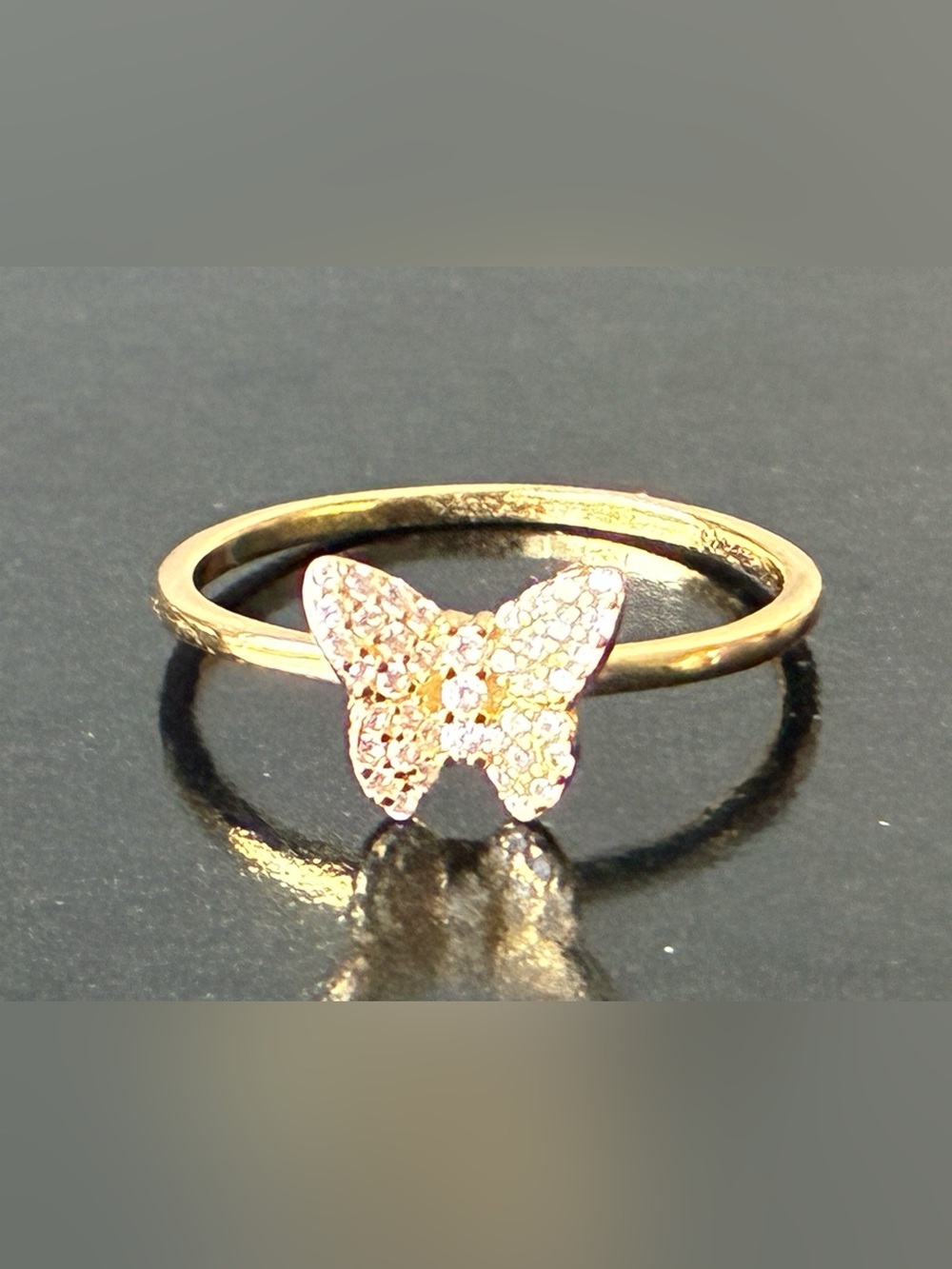 Sterling Silver 925 Gold Butterfly Ring with Pave Crystals - Sz7